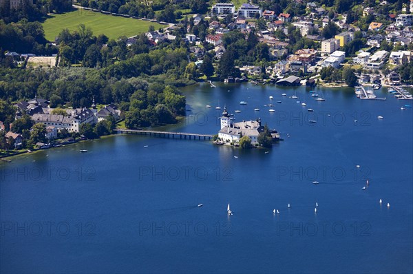 View from the treetop path at Gruenberg to Lake Traun Castle Ort and Gmunden