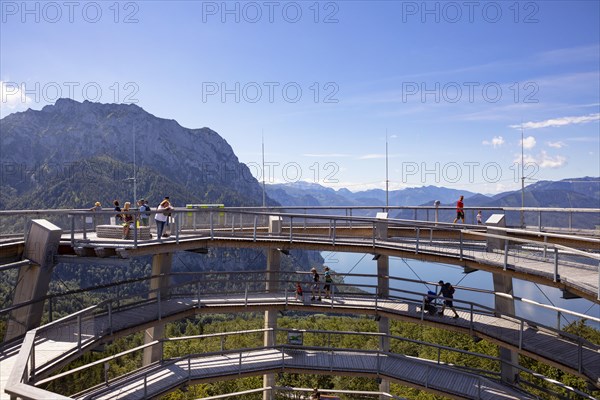 Observation tower at the tree top path Salzkammergut at Gruenberg with Lake Traun and Traunstein