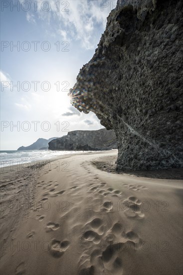 Petrified lava tongues and rocky coast at the beach Playa del Monsul