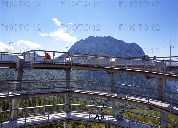 Observation tower at the tree top path Salzkammergut am Gruenberg with Traunstein