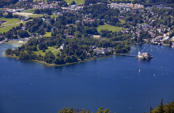 View from the treetop path at Gruenberg to the Lake Traun Toscana Park Schloss Ort and Gmunden