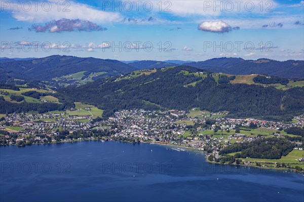 View from the tree top walk to the Lake Traun and Traunkirchen and Gruenberg