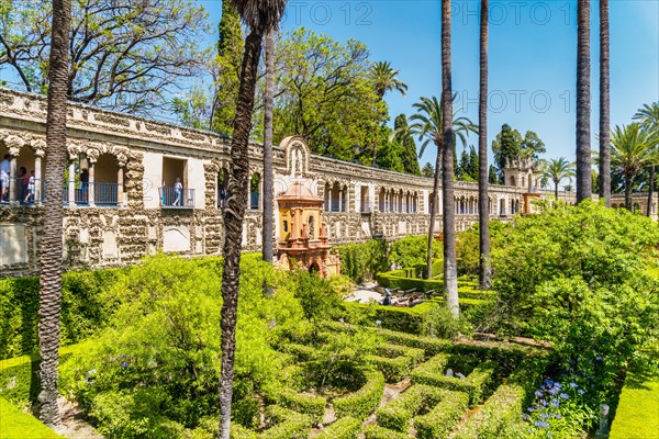 Moorish architecture of beautiful castle called Real Alcazar in Seville