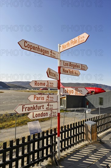 International names of capitals on signposts next to the runway