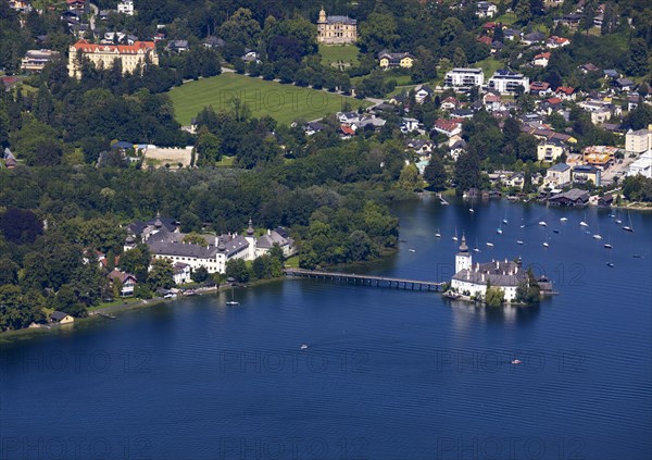 View from the treetop path at Gruenberg to Lake Traun Castle Ort and Gmunden