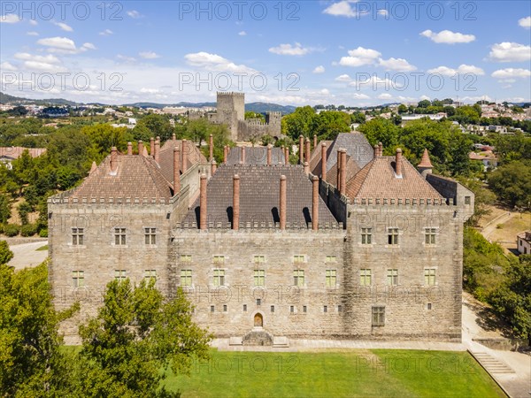 Aerial view of palace of dukes of Braganza and Castle in Guimaraes