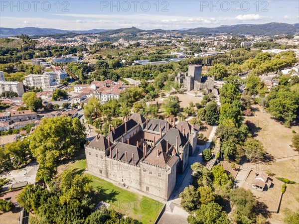 Aerial view of palace of dukes of Braganza and Castle in Guimaraes