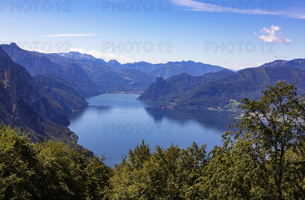 View from the tree top walk Salzkammergut at Gruenberg to the Lake Traun and Traunkirchen
