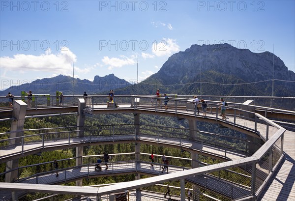 Observation tower at the tree top path Salzkammergut am Gruenberg with Traunstein