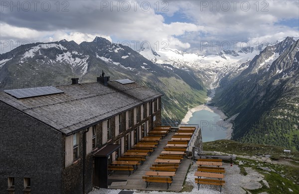 Olperer Huette with view of the Schlegeis reservoir