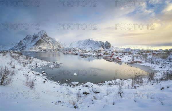 Fishing village Reine in winter at dawn