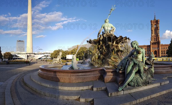 Neptune Fountain with television tower and Red City Hall