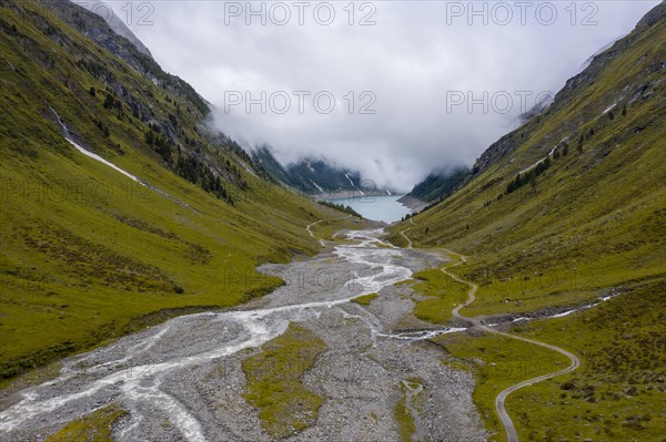 Schlegeisgrund with meandering Schlegeisbach and Schlegeis reservoir