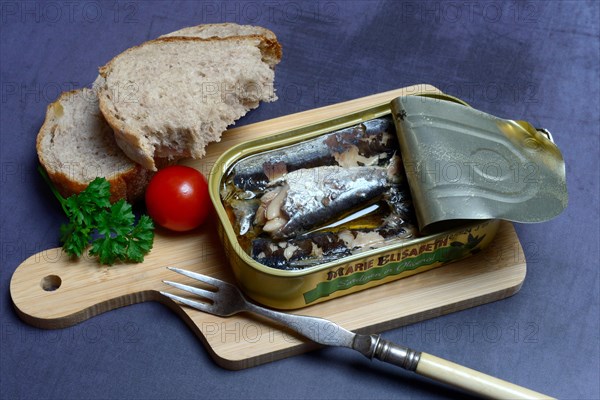 Sardines in opened tin with fork