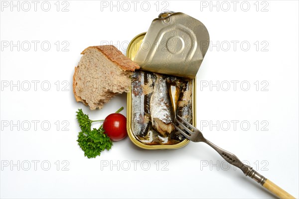 Sardines in opened tin with fork