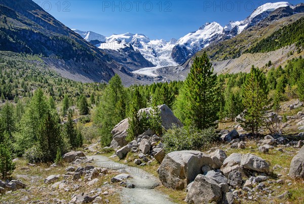 Hiking trail in the Morteratsch Valley with Bellavista