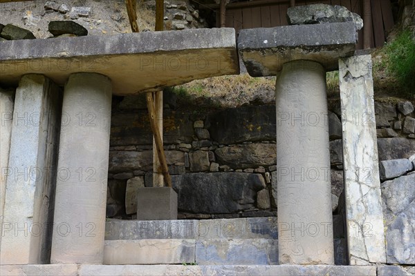 Columns with reliefs in the ruins of Chavin de Huantar