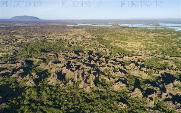 Aerial view of the lava field Dimmuborgir with the lake Myvatn