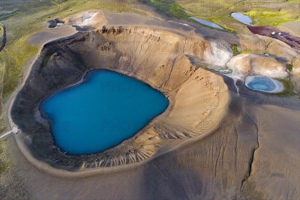 Aerial view of blue lake in the Viti volcano crater at Krafla power plant