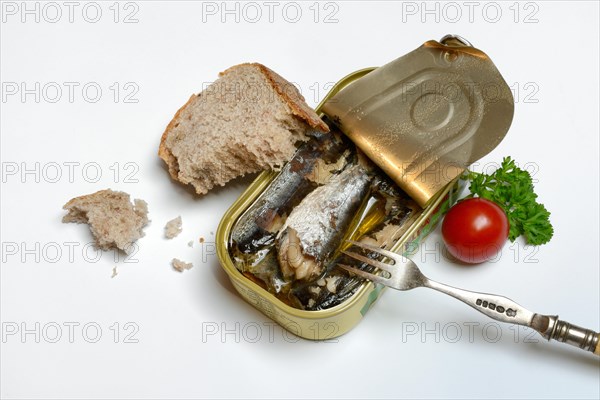 Sardines in opened tin with fork