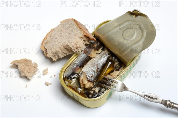 Sardines in opened tin with fork