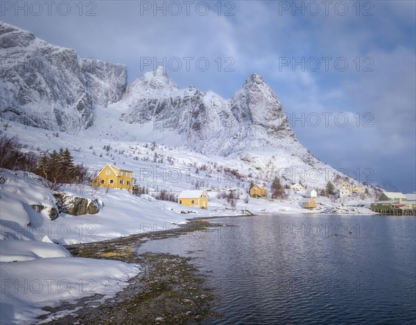 Fishing village Reine in winter at dawn