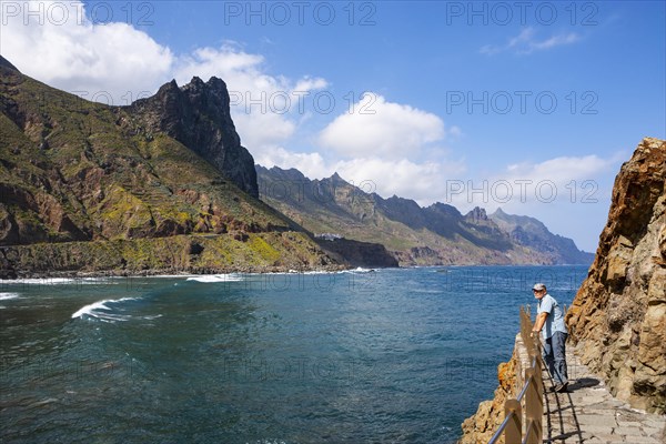 Steep coast in the Anaga Mountains with beach section Playa de Roque de las Bodegas near the township of Taganana