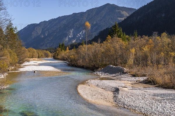 Natural riverbed of the upper Isar in front of the Sylvenstein reservoir