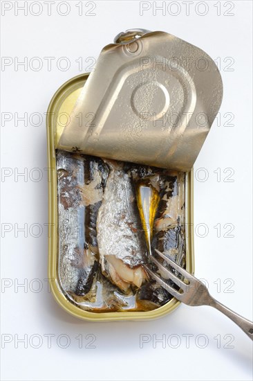 Sardines in opened tin with fork