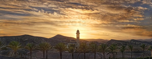 Mosque with palm trees at sunset at Malikia Resort Abu Dabbab