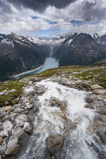 View from the Berliner Hoehenweg to torrent and Schlegeis reservoir