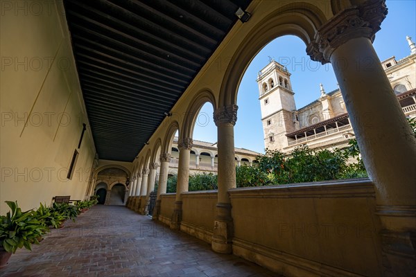 View of the church tower through arcades