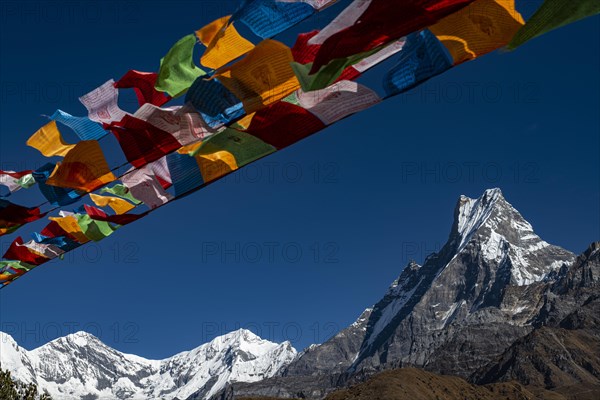 Machapuchare with Buddhist prayer flags