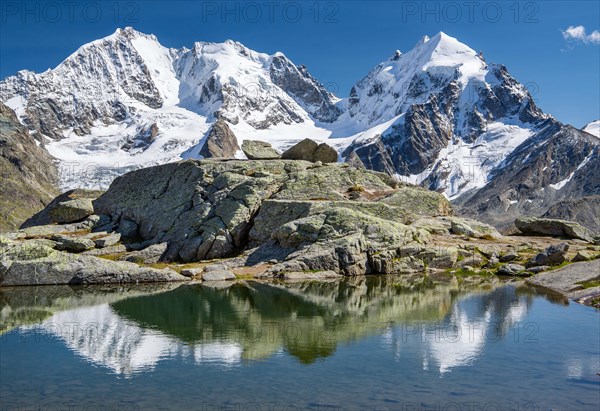 Small mountain lake on Fuorcla Surlej with Piz Bernina and Piz Roseg