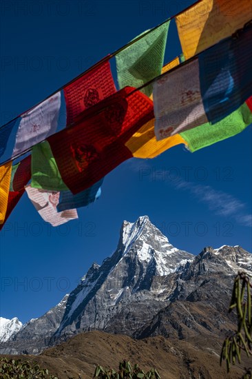 Machapuchare with Buddhist prayer flags