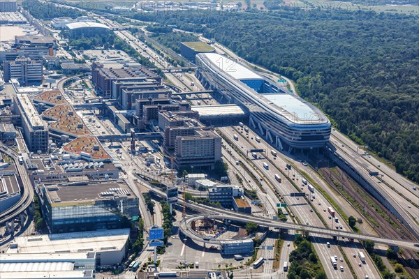 Aerial view The Squaire building and motorway A3 at Frankfurt Airport FRA