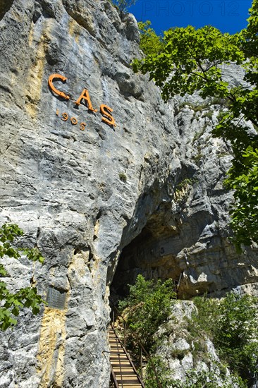 At the entrance to the Orjobet cave on the Orjobet geological trail to the summit of Mont Saleve