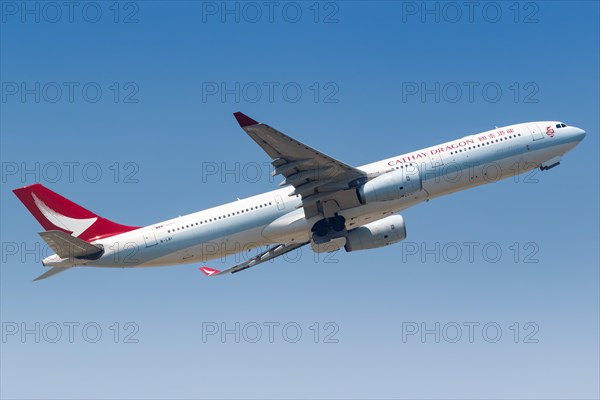 A Cathay Dragon Airbus A330-300 aircraft with registration mark B-LBI at Hong Kong Airport