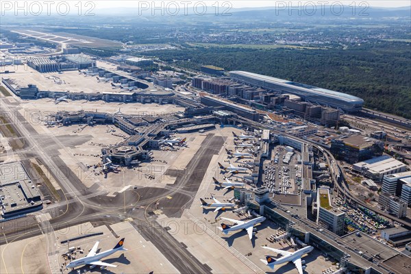 Aerial view of Terminal 1 and Lufthansa aircraft at Frankfurt Airport FRA during the Coronavirus Corona Virus COVID-19