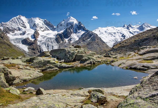 Small mountain lake on Fuorcla Surlej with Piz Bernina