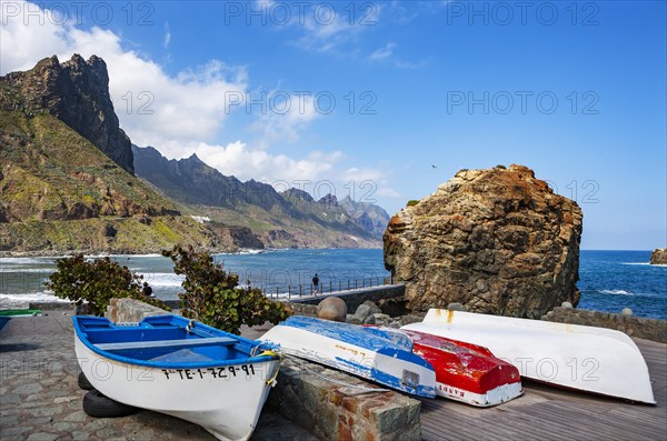 Steep coast in the Anaga mountains with beach section Playa de Roque de las Bodegas near the village of Taganana