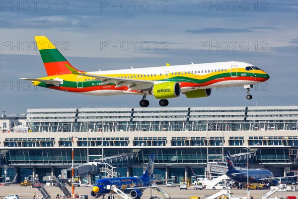 An Air Baltic Airbus A320 with the registration YL-CSK and the special painting Lithuania at Stuttgart Airport