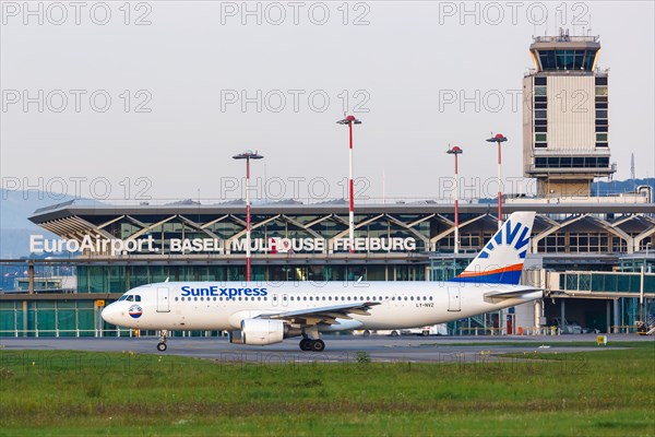 An Airbus A320 of SunExpress with the registration number LY-NVZ at EuroAirport Basel Mulhouse