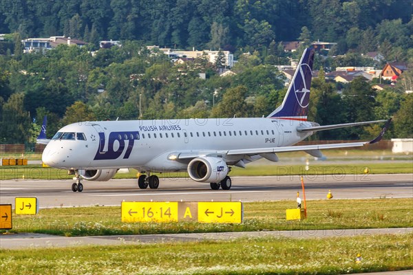 An Embraer 195 aircraft of LOT Polish Airlines with registration mark SP-LNE at Zurich Airport