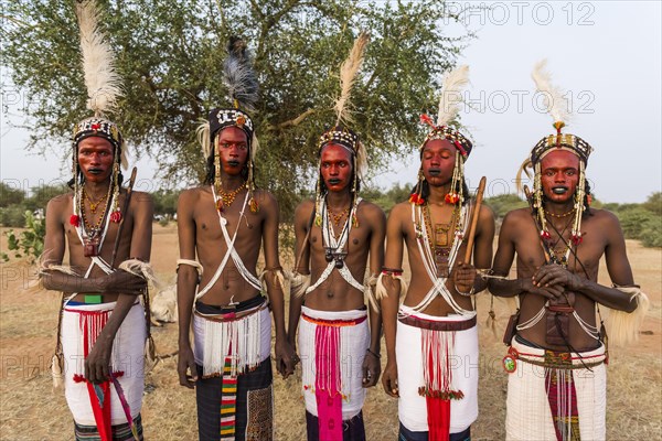 Wodaabe-Bororo men with faces painted at the annual Gerewol festival