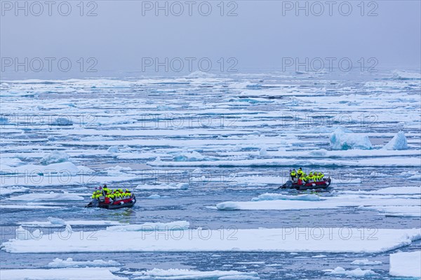 Zodiacs dinghies in ice field