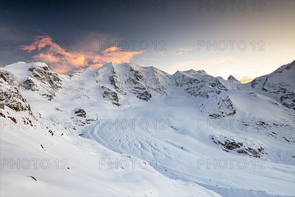 Winter mountain panorama on the Diavolezza in the evening