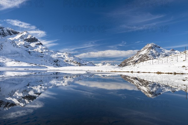Snowy landscape reflected in Lago Bianco