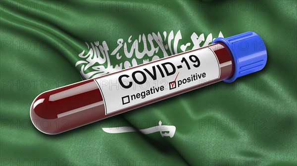 Flag of Saudi Arabia waving in the wind with a positive Covid-19 blood test tube. 3D illustration