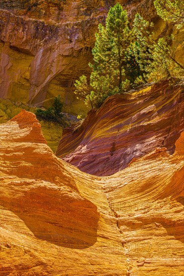 Yellow and red glowing rock walls in the natural park of the ochre rocks near Roussillon